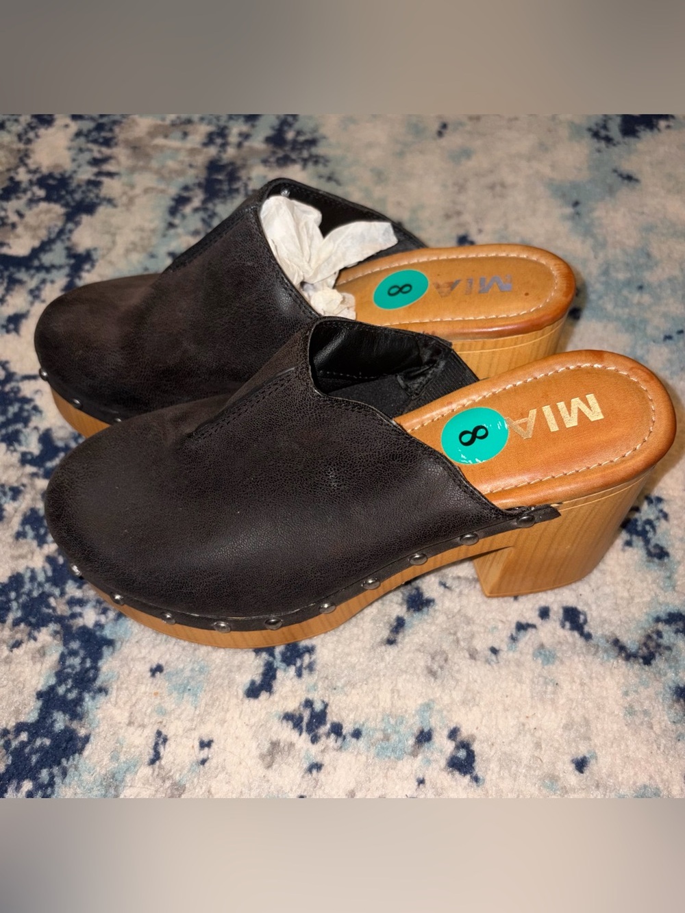 MIA Black Clog Mules with Wood Block Heel